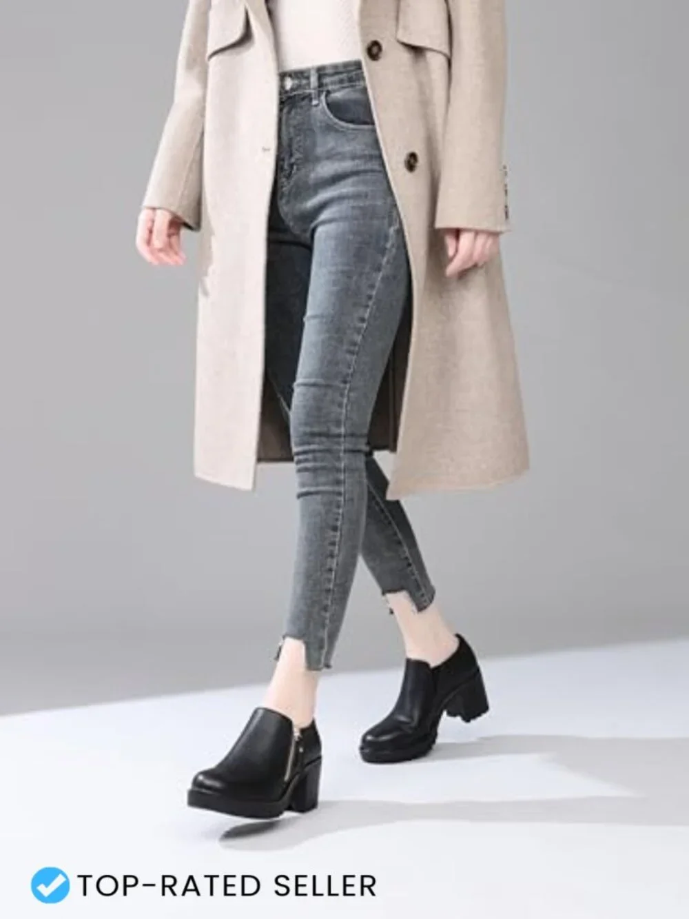 Chunky Heel Bootie Faux Leather Side Zipper Round Toe